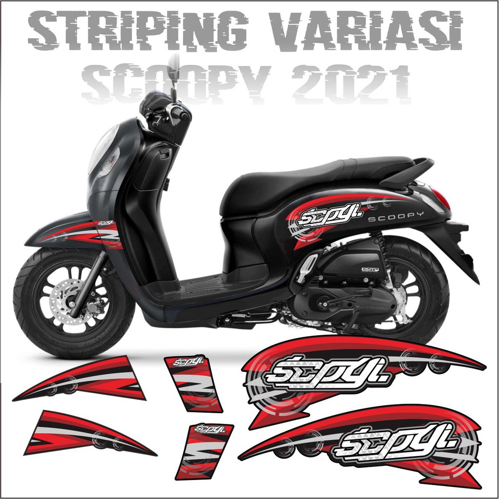 STRIPING HONDA SCOOPY 2021 VARIASI SIMPLE DESAIN HITAM LIST MERAH -INDIGO01 STICKER-