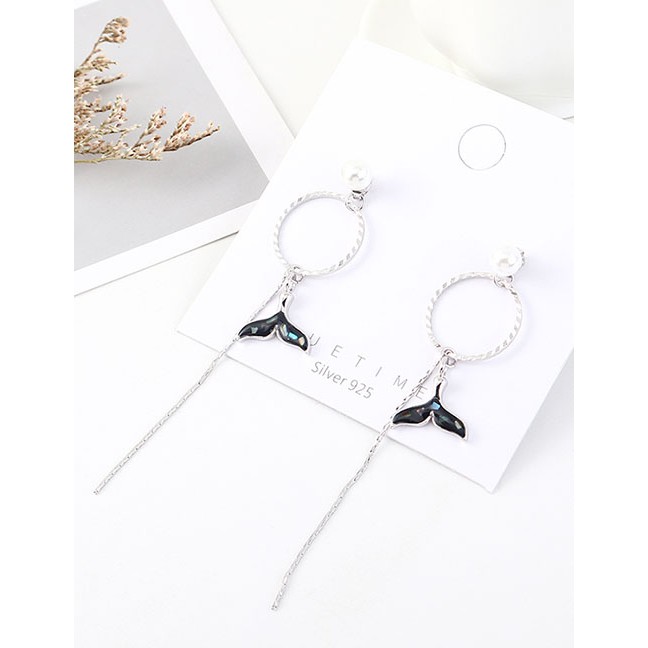 LRC Anting Tusuk Fashion Pearl Tassel Circle Tail Fin Earrings Y63124