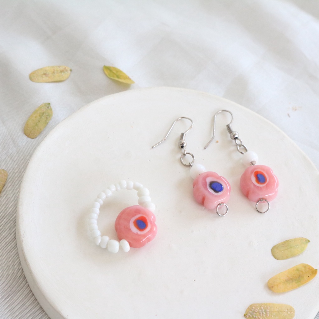 Anting dan Cincin Lava by Pagi / Etnik / Kalung Handmade / Choker Necklace / Bohemian / Korean Fashion / Beads Unik / Warna Warni Wanita