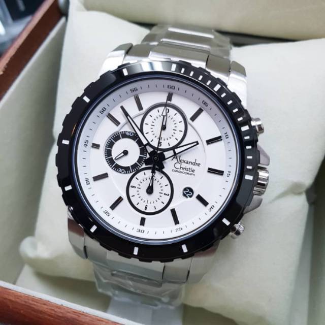 Alexandre christie original ac6141 silver plat putih jamtangan pria