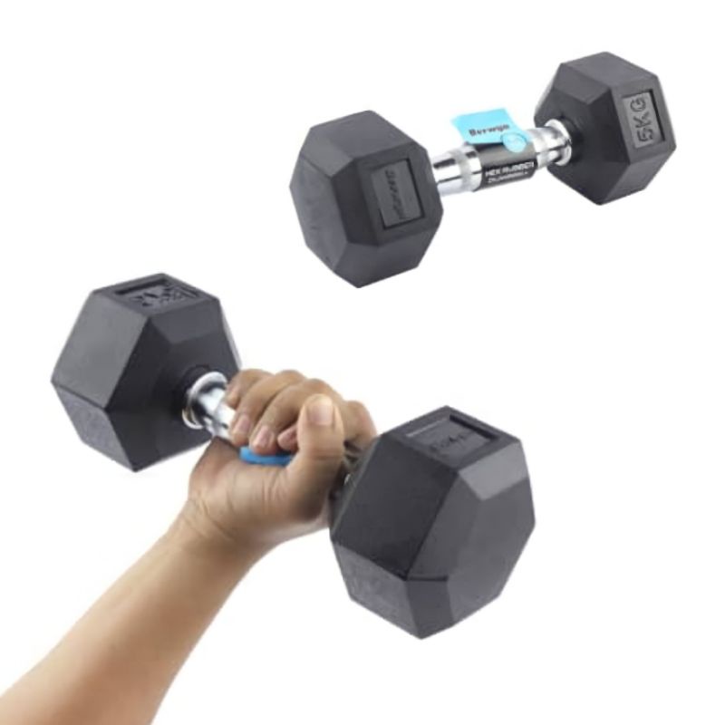 Berwyn Dumbbell Karet Hexagonal 5kg/Barbel Berwyn/Angkat Beban/Dumbbell 5kg Hitam