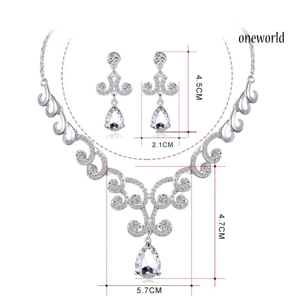 OW@ Lady Fashion Rhinestone Pendant Earrings Necklace Luxury Bridal Jewelry Set