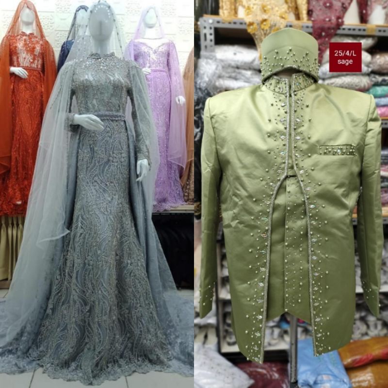 CAUPLE GAUN  PENGANTEN JUBAH MEWAH//GAUN SLIM DRESS/GAUN PASANGAN DESAINS TERBARU