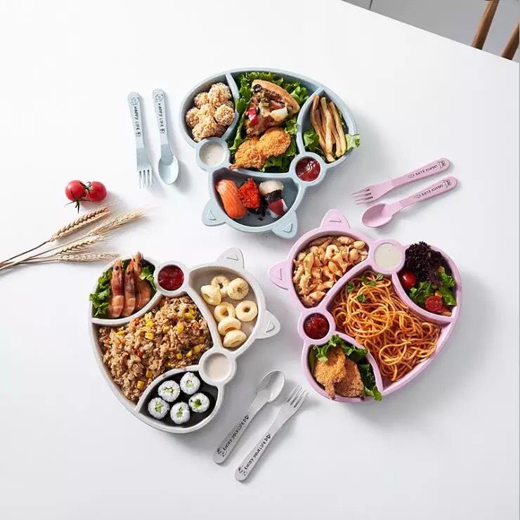 SET Tempat Makan Anak Gambar Kucing Biru Lucu SET Perlengkapan Makan Anak MPASI Murah Tableware Anak Bahan Wheat