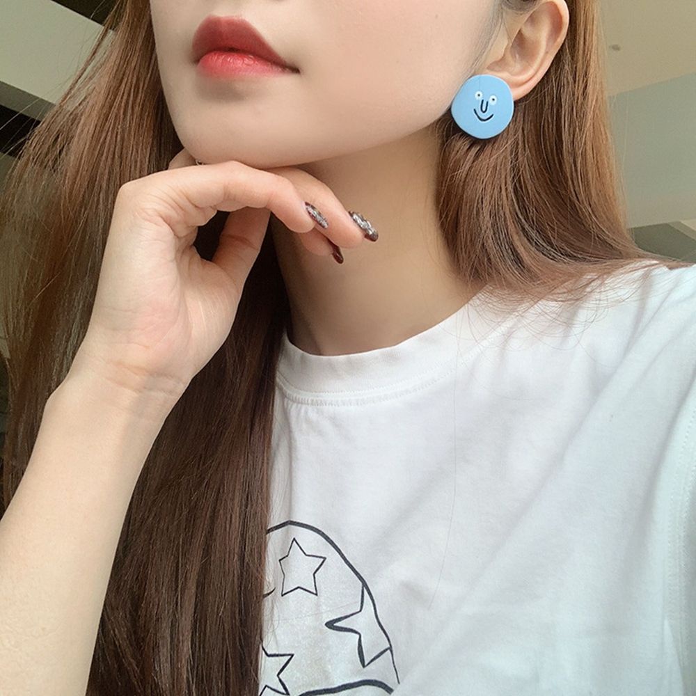 Anting Bentuk Bulat Geometris Tidak Teratur Motif Smile Face Warna-Warni Untuk Wanita