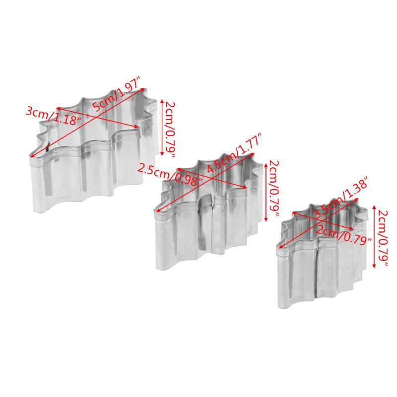 3pcs Cetakan Pemotong Biskuit Bentuk Daun Holly Bahan Stainless Steel Untuk Natal