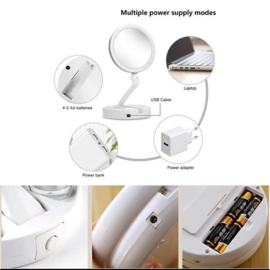 Mirror Double Sided LED Foldable Kaca Cermin Rias Make Up Lipat lampu-5