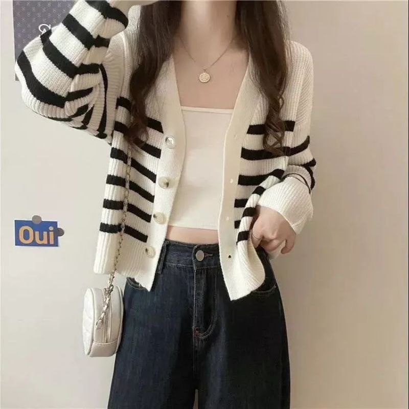 Atasan Rajut Wanita Cardigan Strip-Cancing