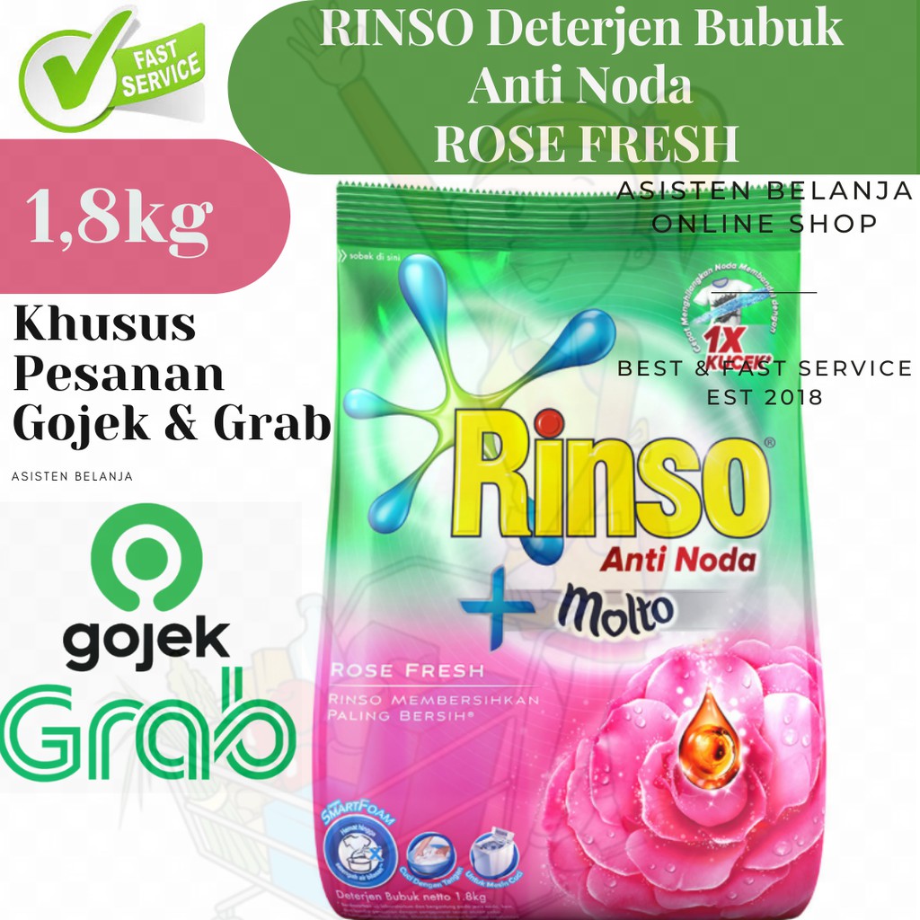 Rinso Rose Fresh Bubuk 1,8 1.8 kg 1.8kg 1800g 1800gr Detergen Anti Noda Molto Deterjen Pink +Molto