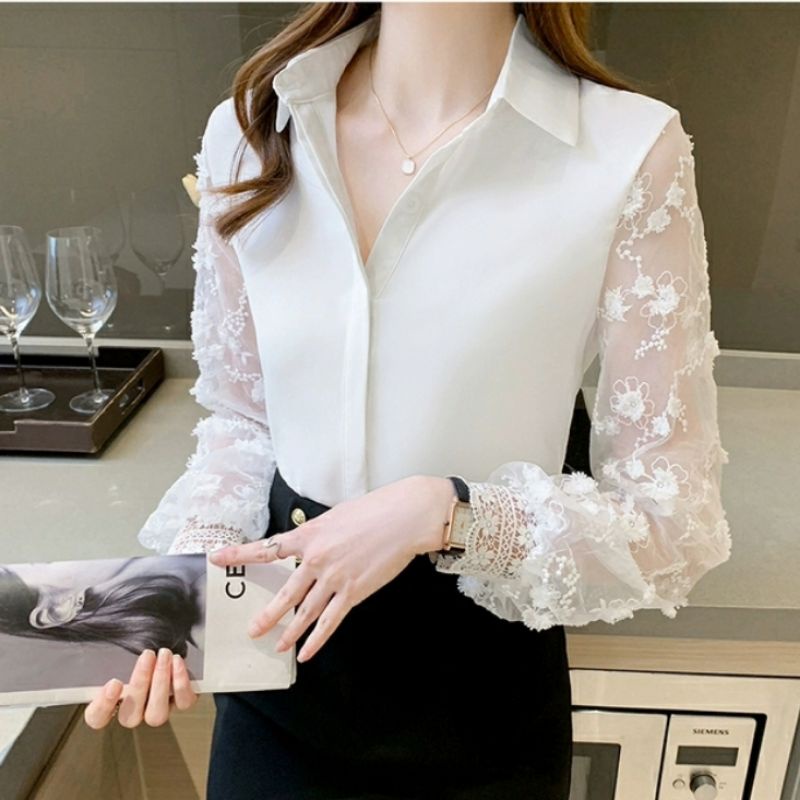 MDLV ~ 8651 Dellaney Lce Shirt Atasan Blouse Combi Lace Baju korea Combi Renda Rajut Fashion Import