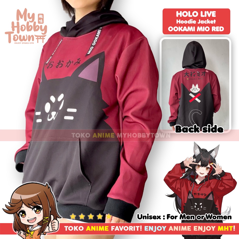 Jaket Hoodie Sweater Anime Holo Live Ookami Mio Red Impression Cosplay