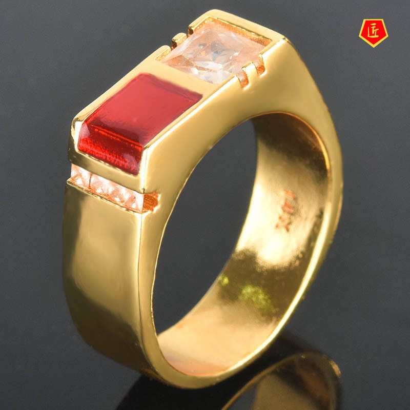 [Ready Stock]14K Gold Geometric Ring Fashion Inlaid Square Diamond