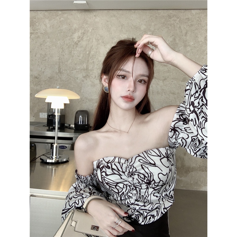 Suhao Puff Sleeve Shirt French Print Bandeau Shirt Cropped Top