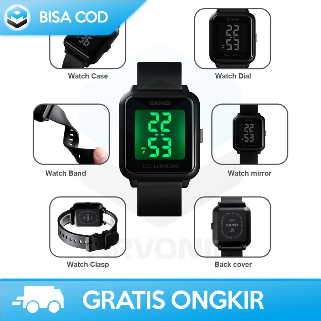 JAM TANGAN DIGITAL LED PRIA ANTI AIR SKMEI 1566 - JAM TANGAN KOTAK LED WATCH ORIGINAL MURAH