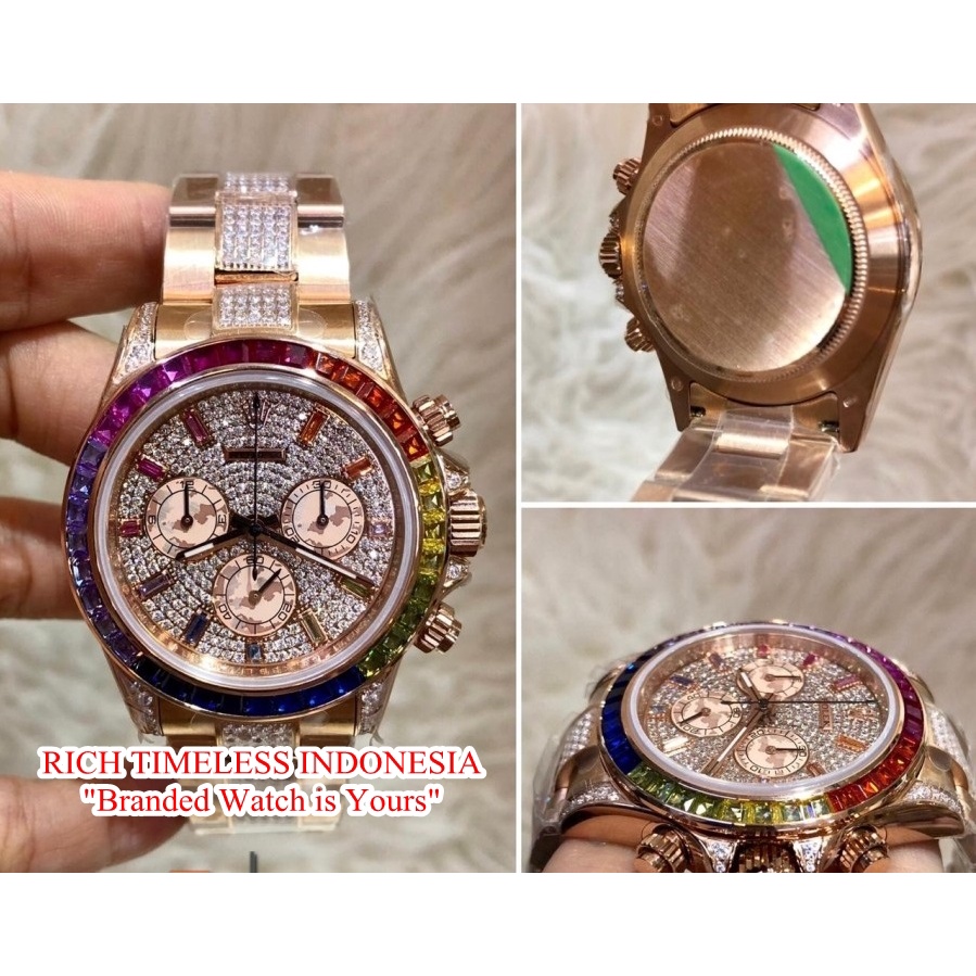 Mega Sale Jam Tangan Pria Rolex Daytona Rainbow RG & Diamond Diamond Dial Swiss Garansi 1 th