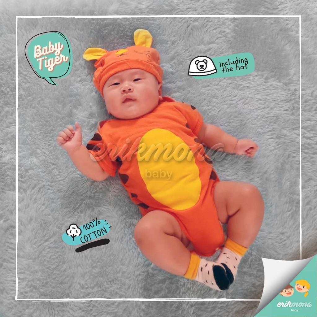 Ermon Baby - Baju Bayi Laki Laki Jumper Baby Cowok Lucu Karakter Macan Tiger + Topi usia 0 - 12 Bulan