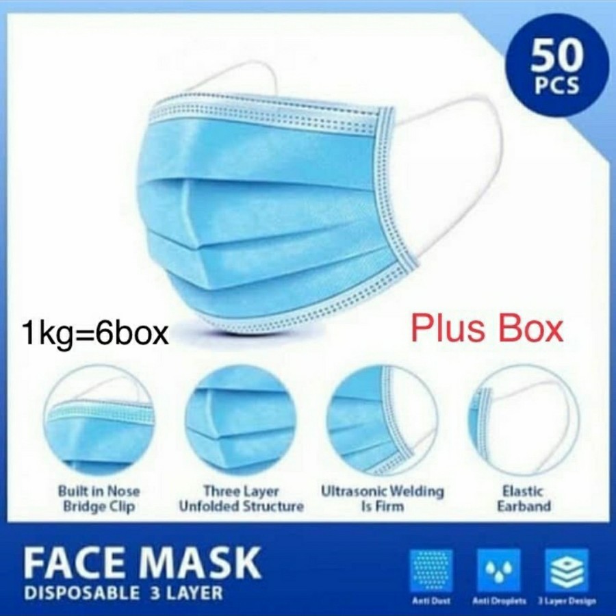 1box isi 50pcs - Masker 3Ply Dewasa Medis Bedah 3 Ply Disposable Surgical Earloop Mask Biru