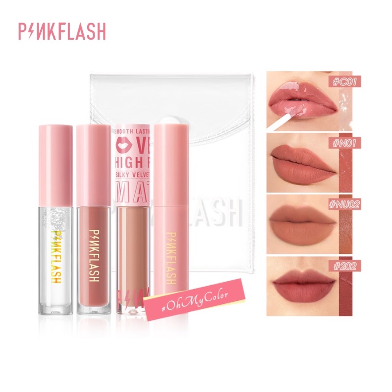 PINKFLASH Velvet Matte Lip Gloss matte Lipstick Waterproof  Lasting Multiple Use 4 Pcs Lipstick Set Makeup Set