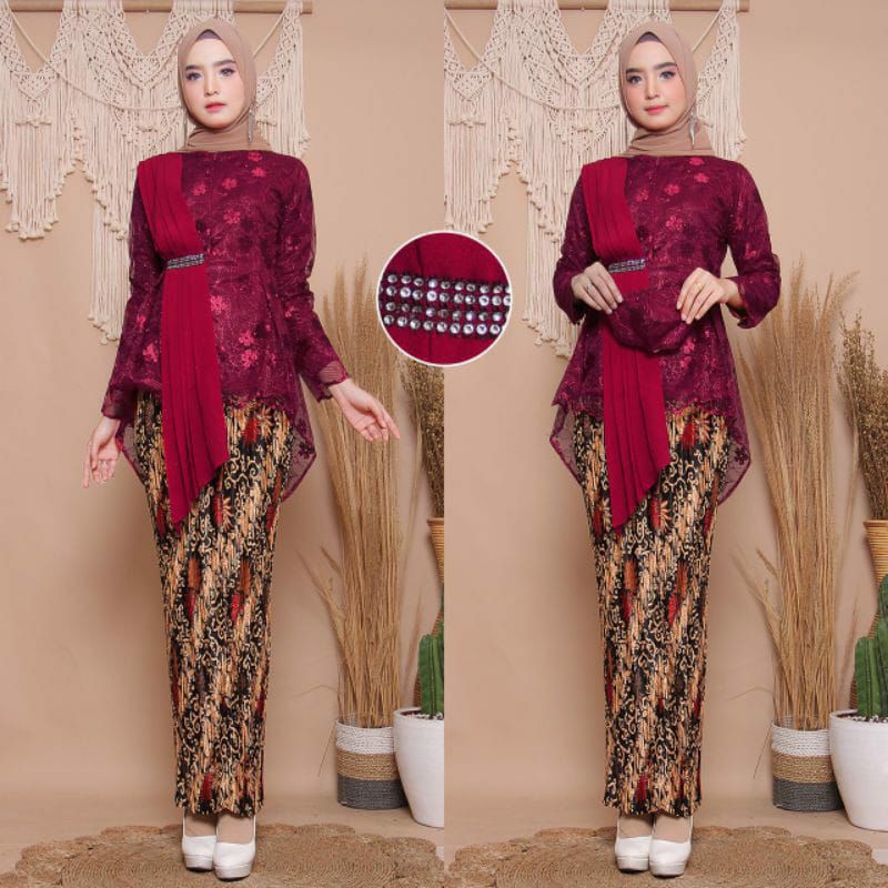 New kebaya tulle selendang maya ( free masker ) kebaya modern/kebaya kondangan/ baju kebaya/kebaya-Maroon