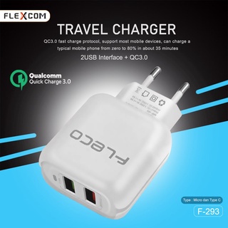 Charger FLECO F-293 Dual Port Output Usb Cas High Speed Fast Charging QC 3.0A Kabel Micro Type c