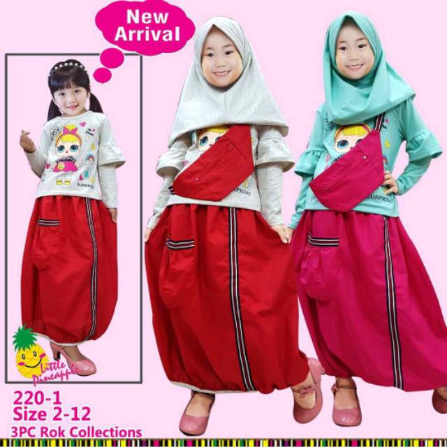 lp 220-1 baju muslim anak little pineapple rok balon karakter LOL