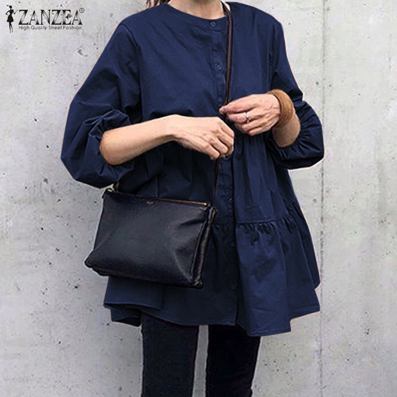 ZANZEA Women Vintage Loose Long Puff Sleeve Casual Pleated Blouse