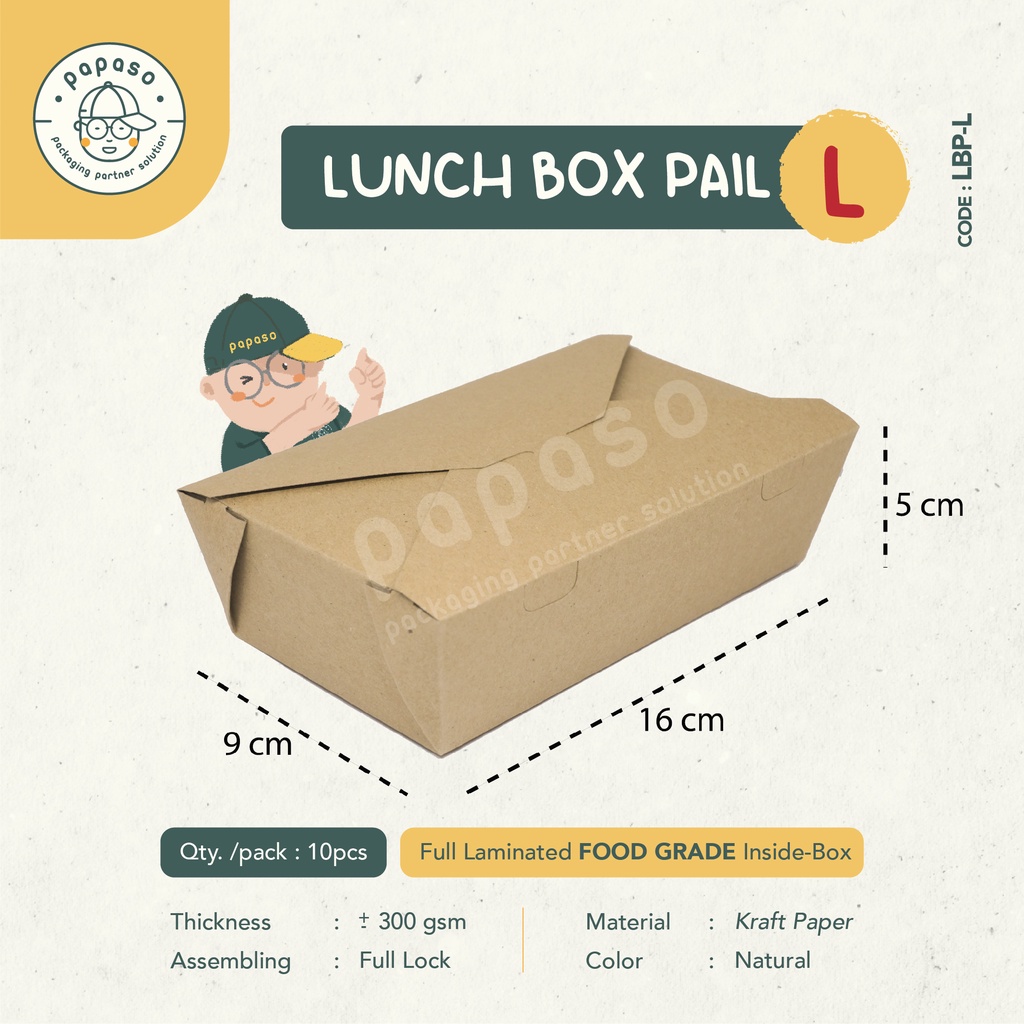 

Lunch Box Pail-L / Kotak Makan (LBP-L) Kraft Full Laminating 1 Sisi Dalam (Min. Order 1pack/10pcs)