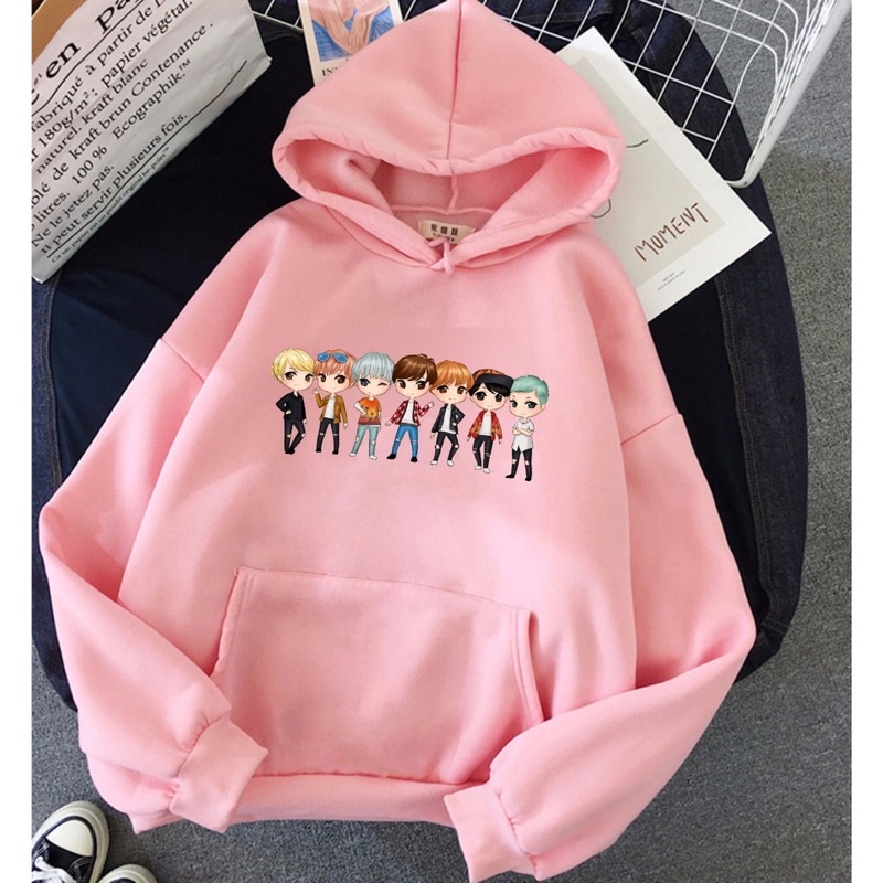 HOODIE PINK TINY TAN BTS BANGTAN HADIAH ARMY MERCH RM JIN SUGA JHOPE JIMIN V TAEHYUNG JK JUNGKOOK