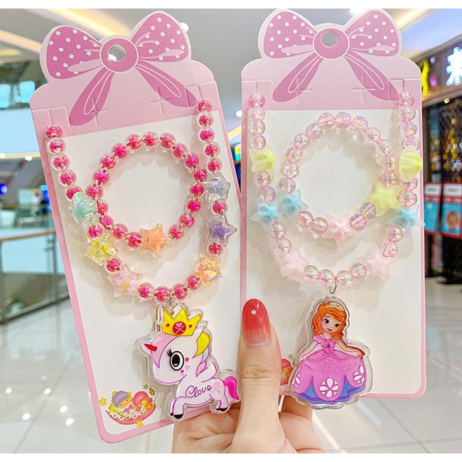 Anak-anak Kalung Set LED+Gelang Mutiara Import Karakter Frozen/Mermaid/Unicorn (Bisa Nyala ada LED)