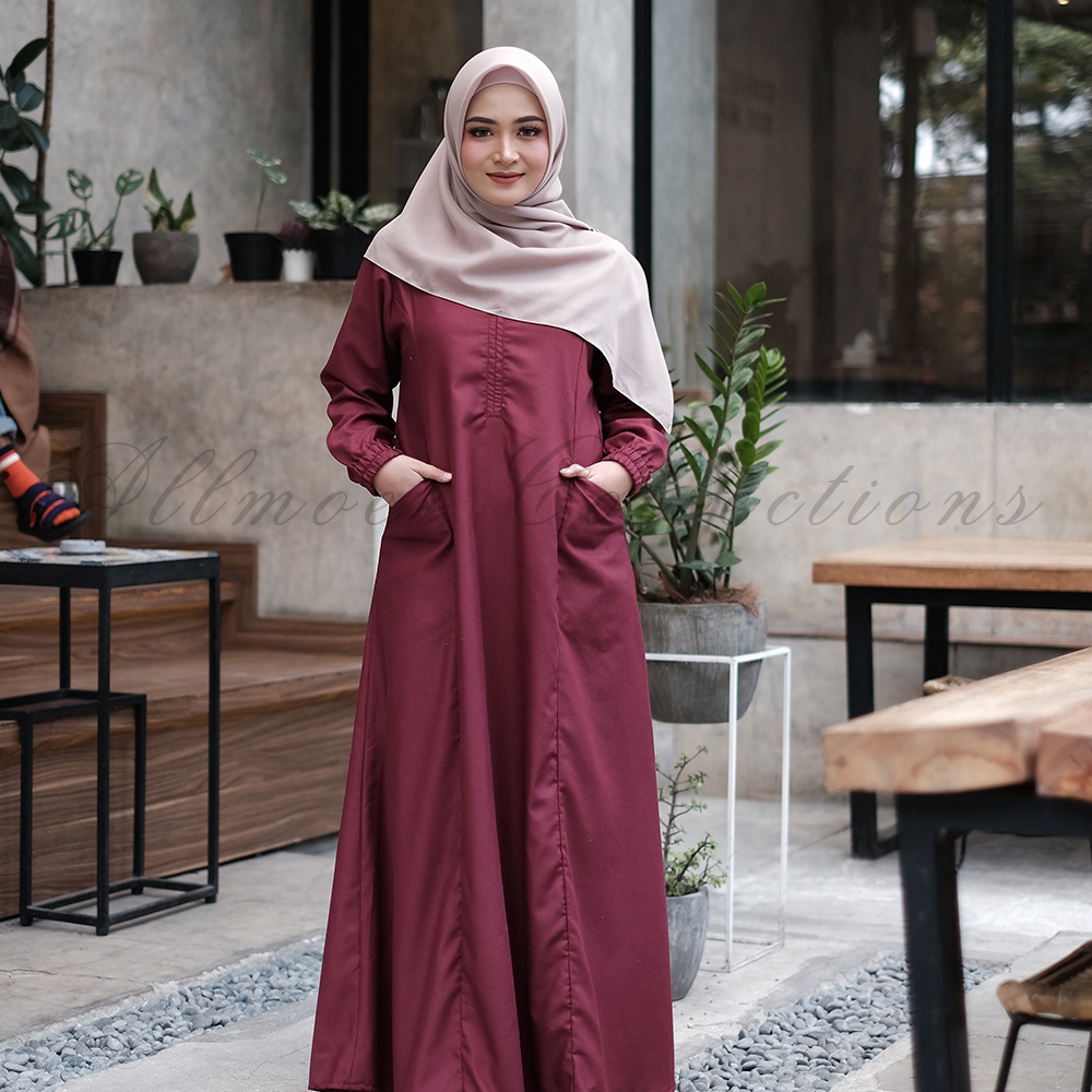 Gamis Terbaru 2023 Lebaran Wanita Polos Dress Mikaila Toyobo Merah Maroon (Bahan 100% Premium)