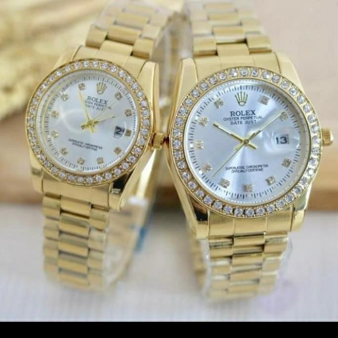 Jam Tangan Couple Rolex Pasangan Stainless Full Mata Analog Fashion - Slvr Gold Blck