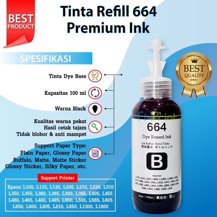 Paket CMYK Tinta Premium 664 Refill Botol 100ml Epson L110 L120 L121 L210 L220 L300 L310 L350 L355 L360 L365 L380 L385 L405 L485 L550 L555 L565