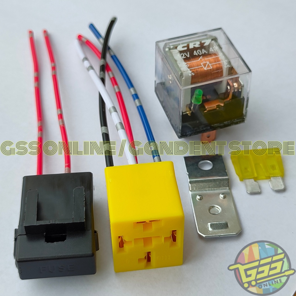 Paket lengkap Relay CR7 original 12v 30a kaki 4 socket relay kaki 4 dan rumah sekring kabel kecil