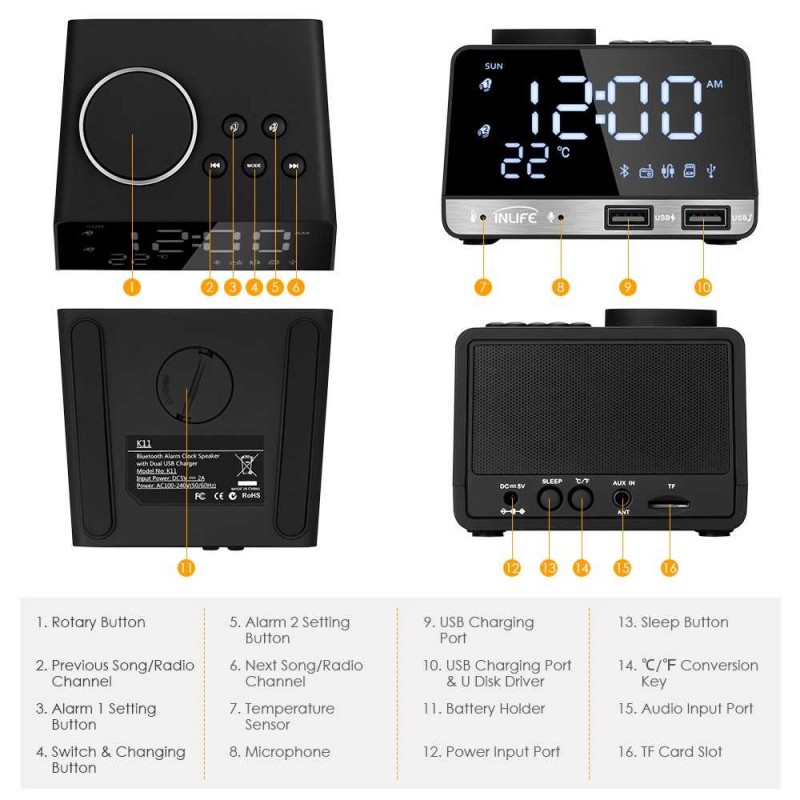 Jam Meja LED Bluetooth Speaker AUX Alarm Clock Radio USB Rechargeable