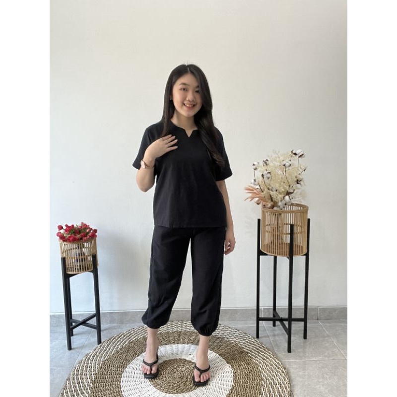 Set linen Vneck jogger | Set linen jogger 7/8 onesize