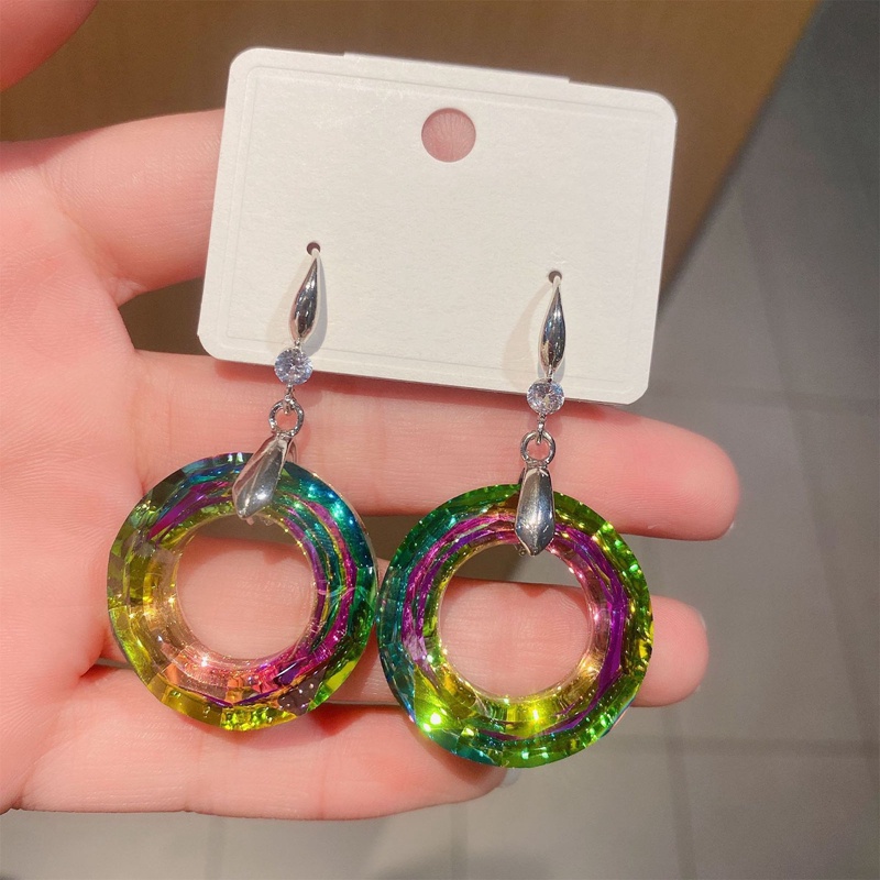 Anting Kristal Transparan Bentuk Lingkaran Gaya Korea Bohemian Untuk Wanita