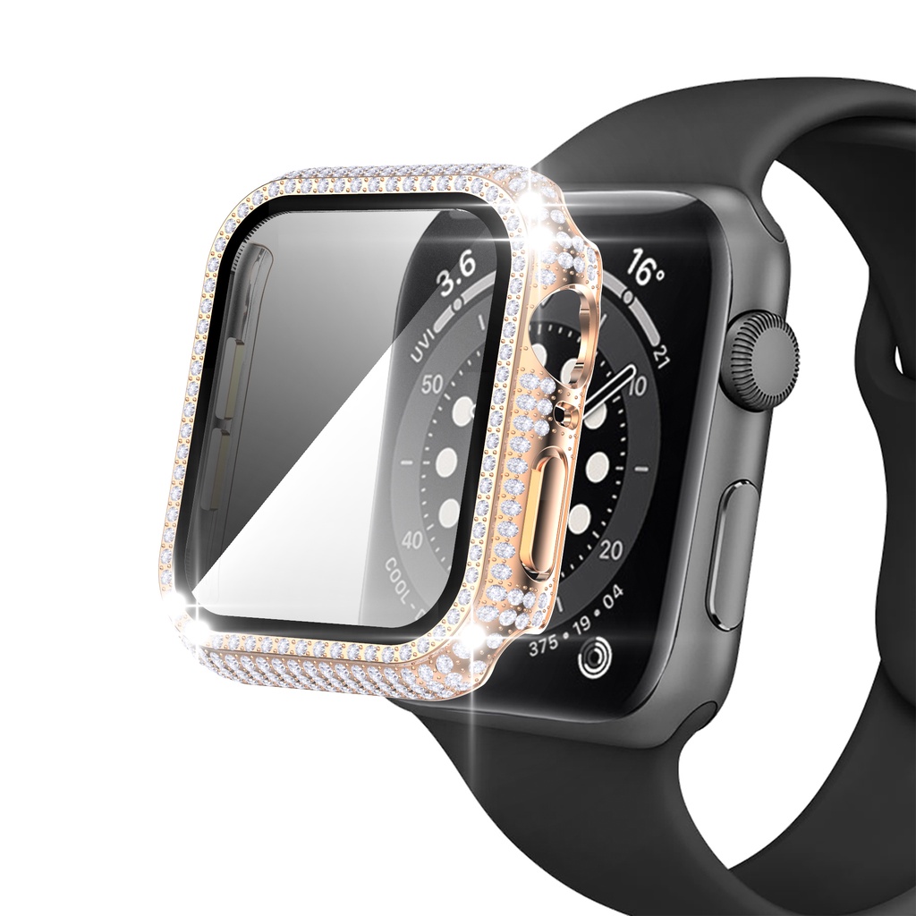 Diamond Watch Case Built-in Tempered Glass Untuk Apple Watch 41mm 45mm 38.40.42 /44 Untuk iWatch Series7 6 SE 5 4 3 2 Cover t500 x7 t5 t55 ft50 w26 w46 w56