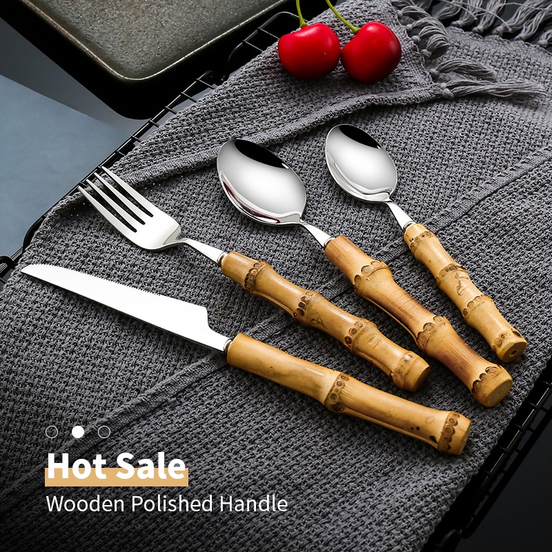 4 Pcs Bamboo Handle Tableware Set Steak Knives Cutlery Stainless Steel Flatware Cutlery Set Dinnerware For Dinnerware