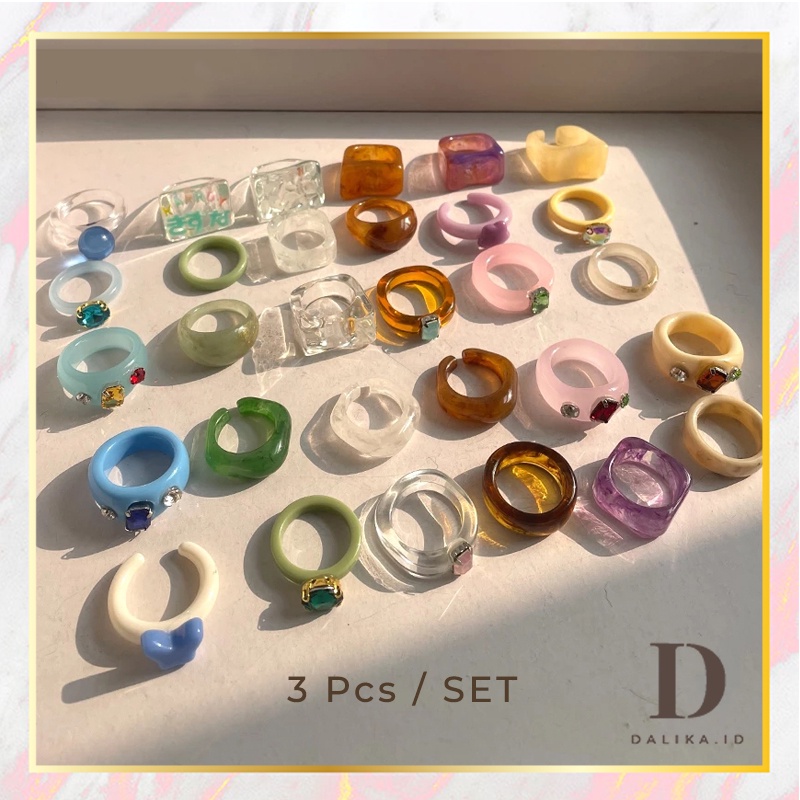 Cincin set 3Pcs / Set Cincin Resin Akrilik Transparan Tidak Teratur Warna-Warni Untuk Wanita Dalika