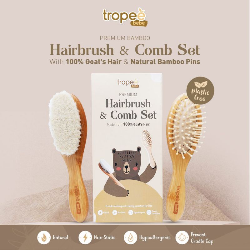 Tropee Bebe Sisir Bamboo Hairbrush &amp; Comb- Tropeebebe Sisir Bayi isi 2pc Premium Set