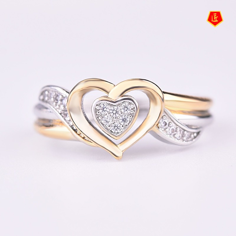 [Ready Stock]Silver Heart-Shaped Diamond Two-Tone Ring Fashion Luxury 18K Gold