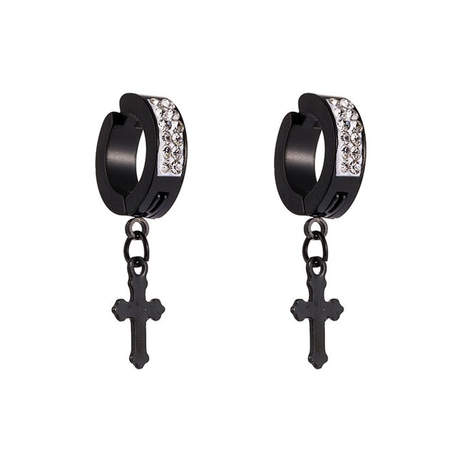 LRC Anting Jepit Fashion Black Round Cross Ear Clip With Diamonds D70552