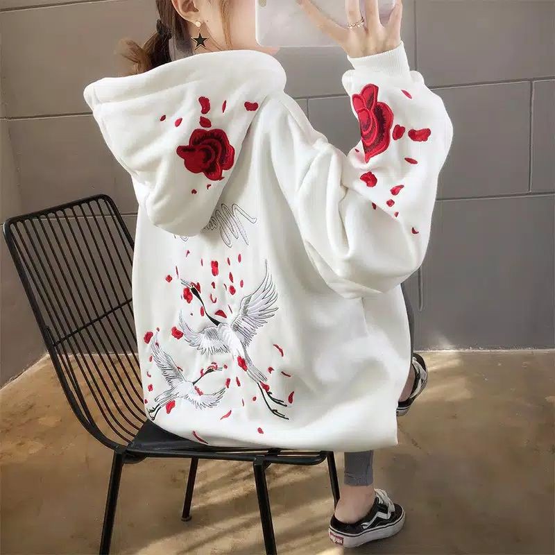 READY INDONESIA sweater longgar hoodie motif bordir bunga burung tebal import impor jaket musim dingin autumn spring winter