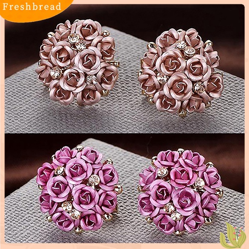 Fresh| Anting Stud Bentuk Bunga Mawar Mekar Aksen Berlian Imitasi Gaya Elegan Untuk Wanita