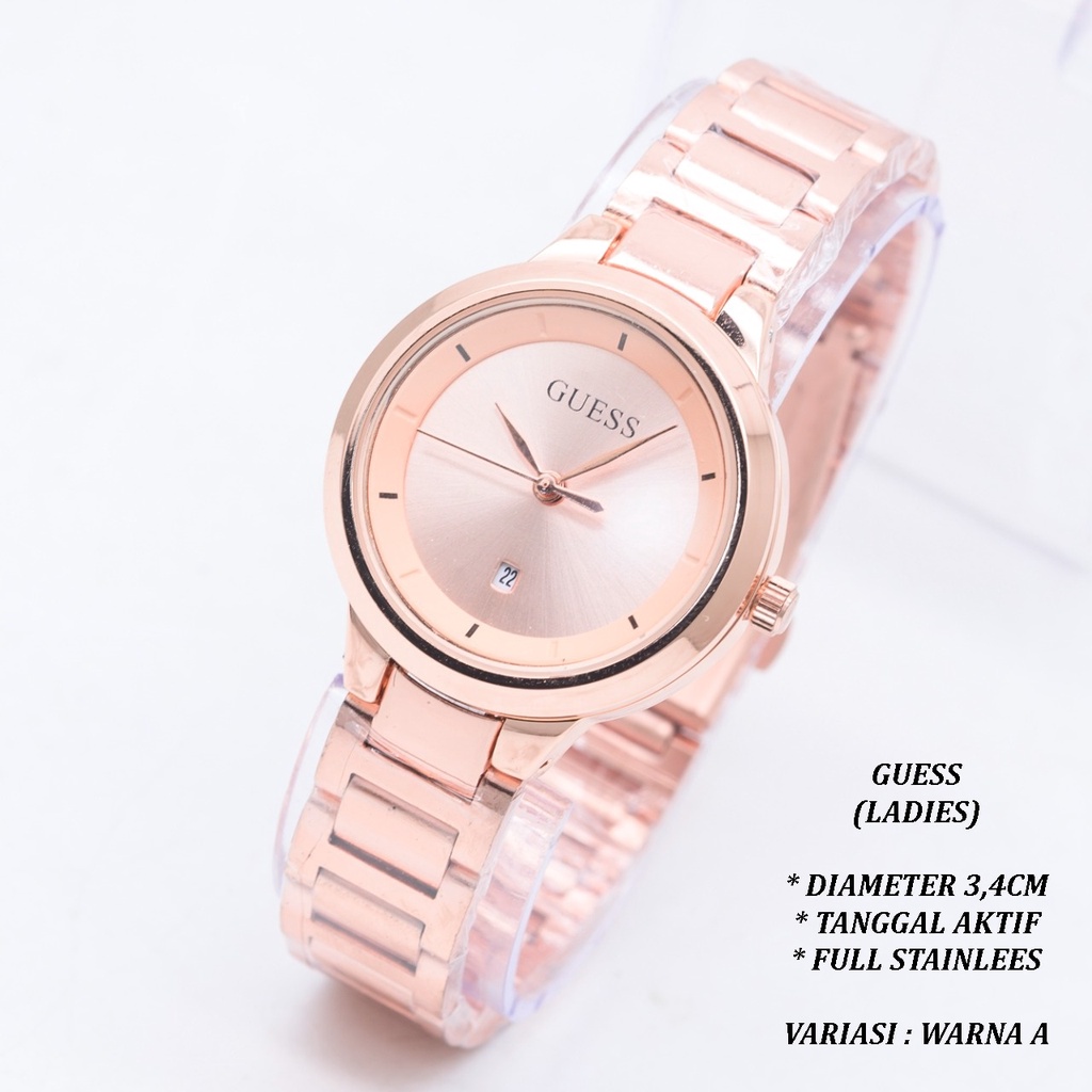 (BISA COD) JAM TANGAN WANITA GUESS RANTAI BODY BULAT TANGGAL AKTIF