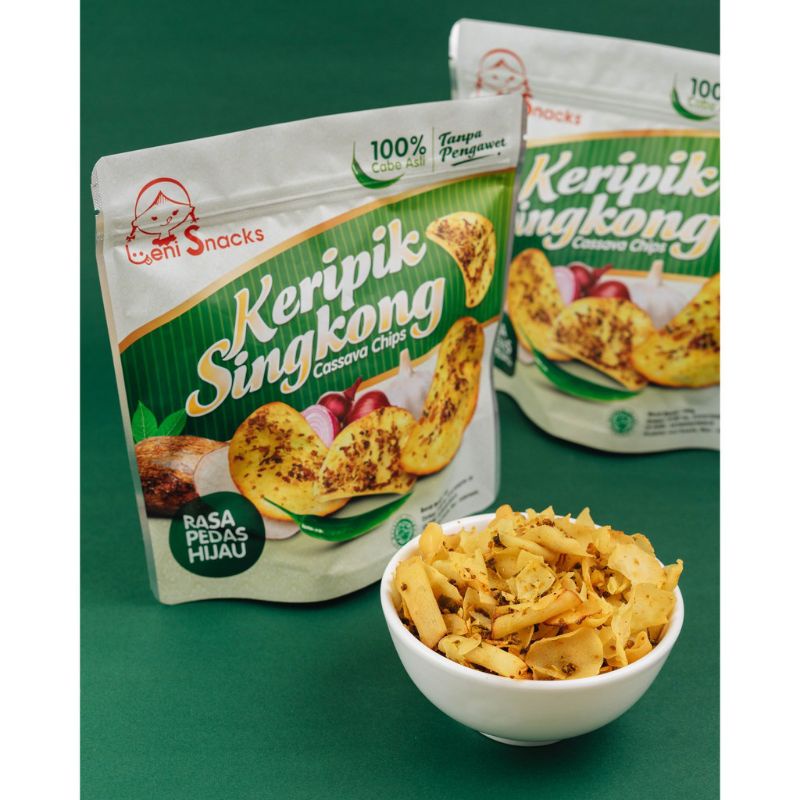 Leni Snaks - Keripik Singkong PEDAS HIJAU Extra Ebi Kering Tanpa Bahan Pengawet 140g