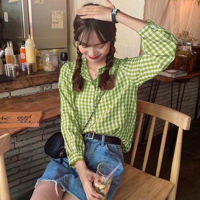 ilook | Kemeja Round Neck | Korean Round Neck Plaid Loose Sweet Casual Longsleeve Shirt