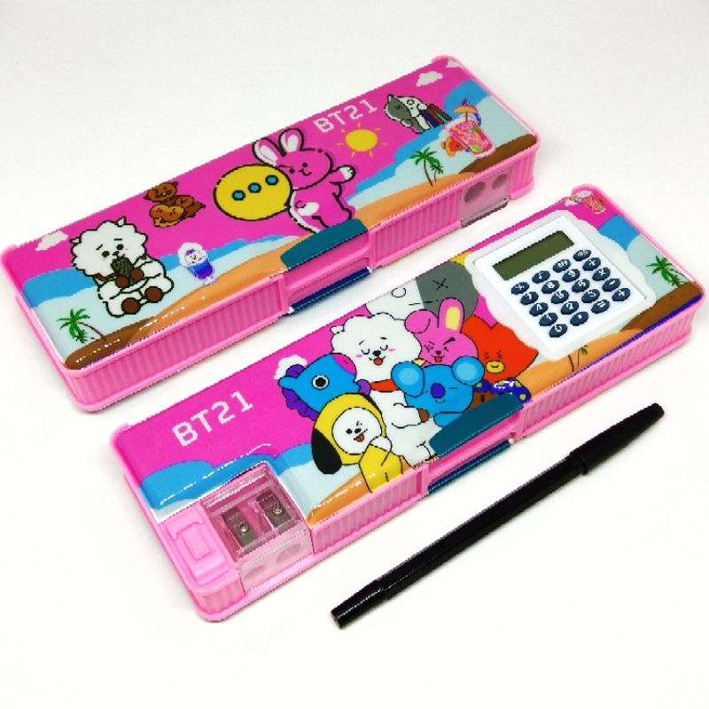 Tempat pensil anak Perempuan Kalkulator 2 Sisi + 2 Rautan Magnet Karakter BTS BT21 PN