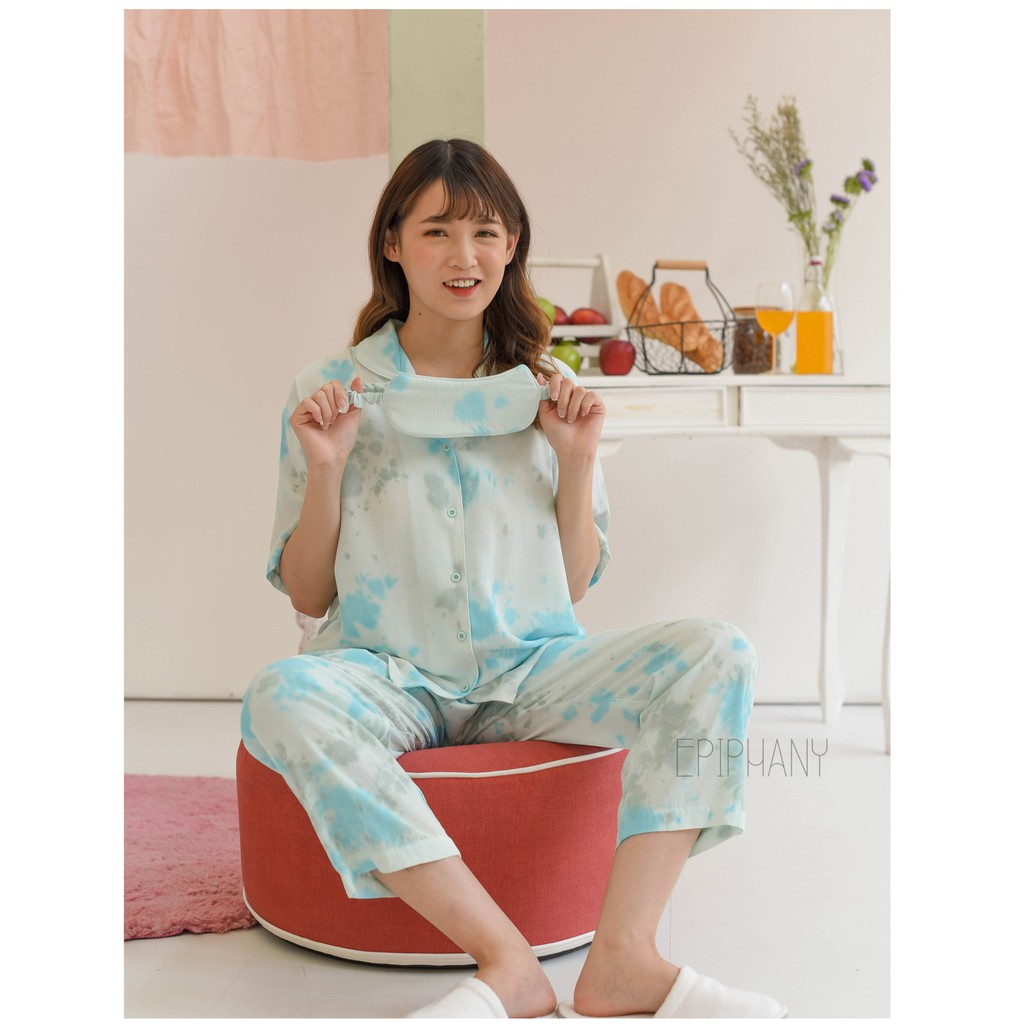 Halcyon Short-Long - Tie Dye Jumputan Baju Tidur Setelan Abu dan Hijau- Wear Epiphany