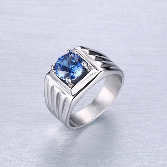 Cincin Kawin / Tunangan / Cincin Single Pria Cowok Titanium 316L Blue Zircon AAA CP001